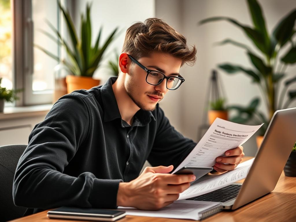 A close-up shot of a young adult reviewing financial documents at a desk, with a laptop open and a calculator in hand. The person appears focused and determined, conveying a sense of empowerment and control over their finances. The background is softly blurred, showcasing a modern, minimalist workspace with plants and natural light. The color scheme complements black and gold, creating a warm and inviting atmosphere.