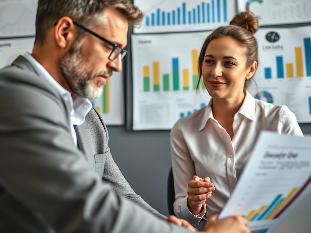 A close up of a financial planner discussing options with