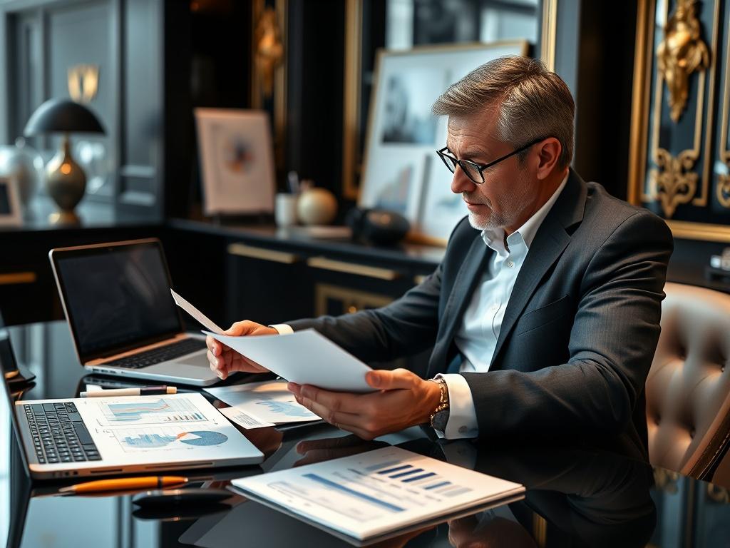 A close up shot of a financial expert analyzing documents