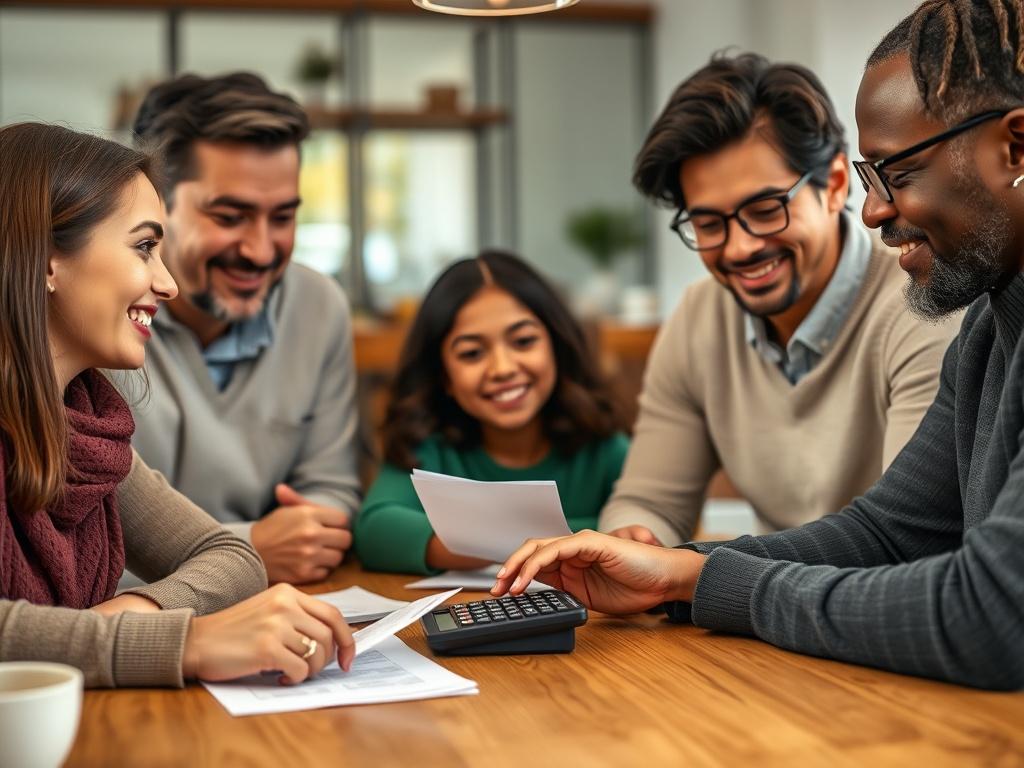 A close-up shot of a diverse family discussing finances together at a dining table, with a calculator and paperwork in front of them. The family should appear engaged and supportive, reflecting warmth and confidence in their financial decisions. The background should be softly blurred to maintain focus on their interaction.