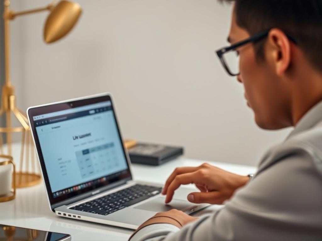 A close-up shot of a person looking thoughtfully at a laptop screen displaying a life insurance calculator. The background should be a minimalist workspace with a touch of elegance, featuring gold accents and soft lighting. The image should convey confidence and clarity in financial decision-making.