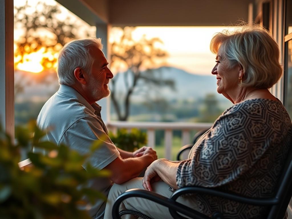 A close-up shot of a retired couple relaxing on their porch, enjoying a sunset together. They display a sense of peace and financial security. The background features a peaceful landscape with soft colors, symbolizing a comfortable retirement. Incorporate black and gold elements subtly in the scene to reflect wealth and legacy.