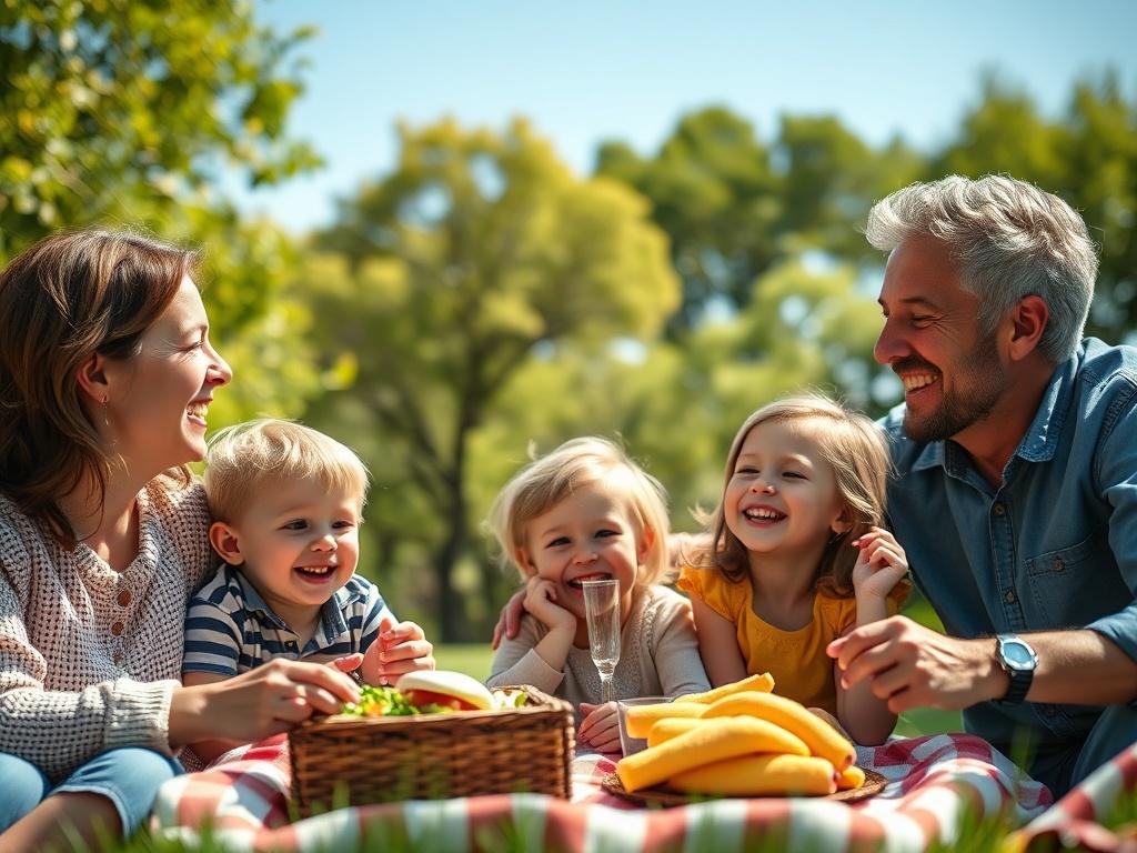 A close-up shot of a caring family enjoying a picnic in the park, with a warm, sunny atmosphere. The family consists of parents and two children, laughing and playing together. The background features green trees and a blue sky, symbolizing a secure and happy future. The color scheme includes hints of black and gold to reflect luxury and wealth.