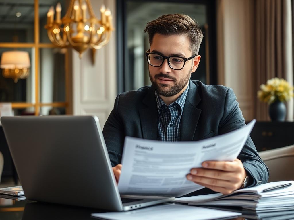 A close-up shot of a confident individual reviewing financial documents and a laptop, symbolizing financial planning and security. The person is in a well-lit, stylish office space, with elegant decor. The color scheme incorporates black and gold to reflect a premium and sophisticated vibe.