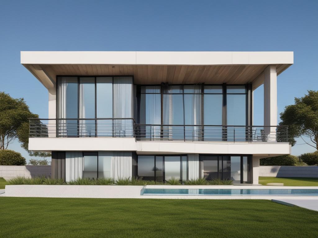close-up shot of a beautifully constructed home, showcasing modern architecture, with a clear blue sky in the background, shot with a 45mm f/1.2 lens, realistic high-resolution detail