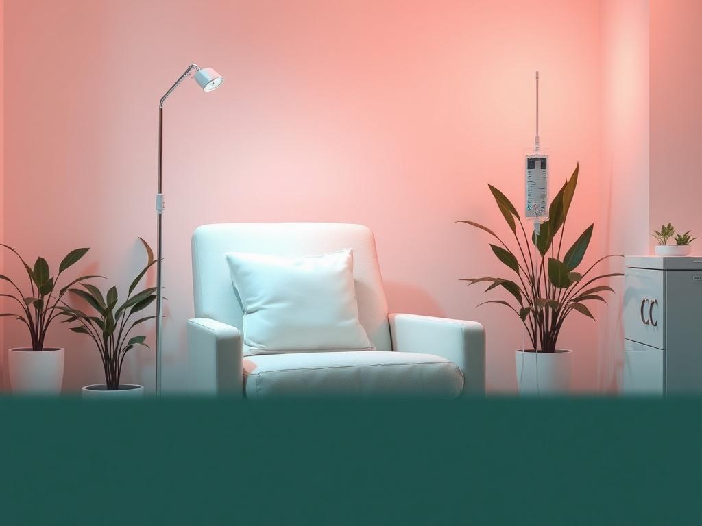 A serene and calm wellness clinic setting featuring a single comfortable chair with soft pillows, where a patient is receiving an IV Ketamine infusion. The room is softly lit with gentle lighting, creating a peaceful atmosphere. The background includes subtle elements like plants and soft textures that enhance the feeling of tranquility, using a color palette that aligns with the rgb(226, 1, 1) primary color.