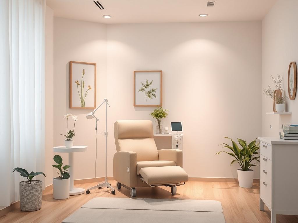 A peaceful clinic room featuring an infusion chair and soft ambient lighting. The chair is plush and inviting, surrounded by soothing decor such as calming artwork and gentle greenery. The atmosphere feels serene and healing.
