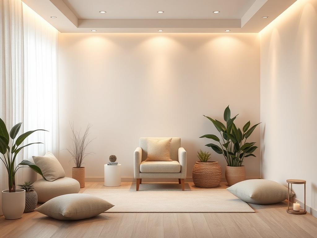 A serene therapy room with soft lighting and comfortable seating. A single, tranquil chair is positioned in the center, surrounded by calming elements such as soft cushions and gentle plants. The atmosphere evokes a sense of peace, with muted colors and a warm ambiance.