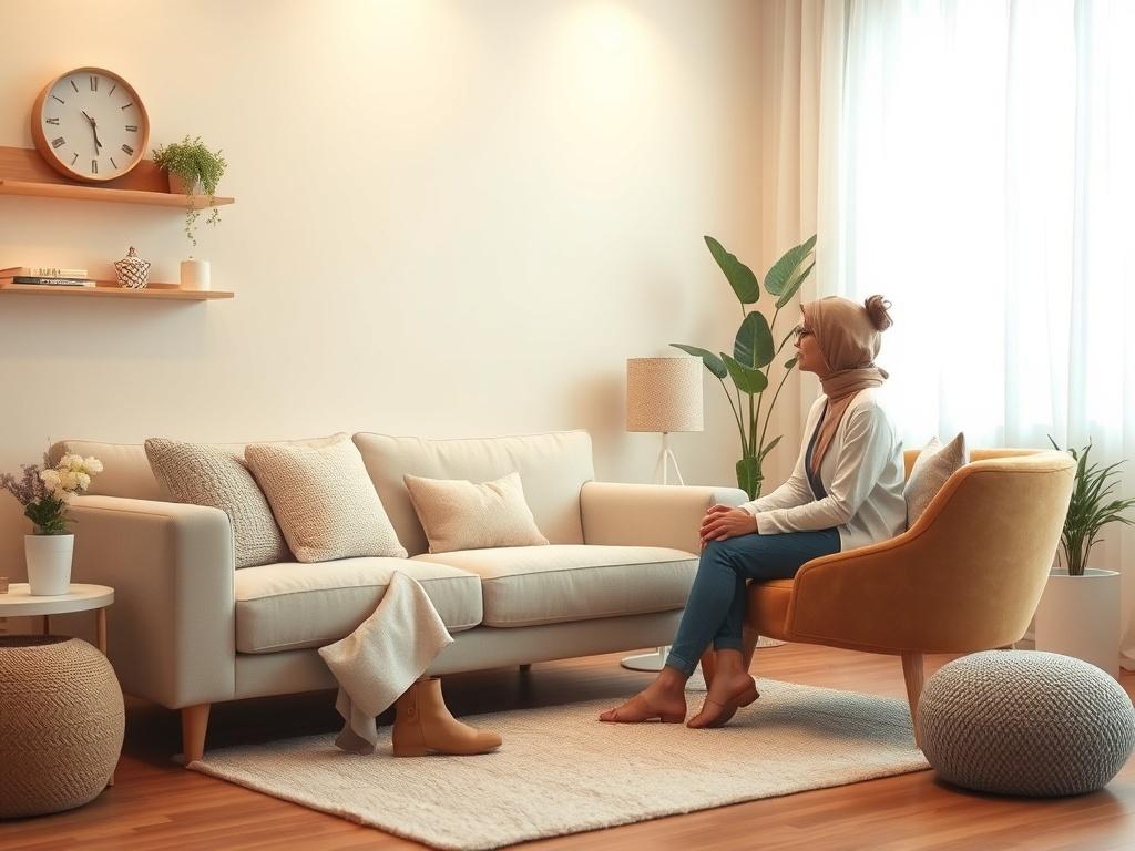 A comforting therapy space with a cozy couch and soft lighting. The room features calming colors and gentle decor, creating a warm, inviting atmosphere. A single therapist is present, engaged in a supportive conversation with a client.