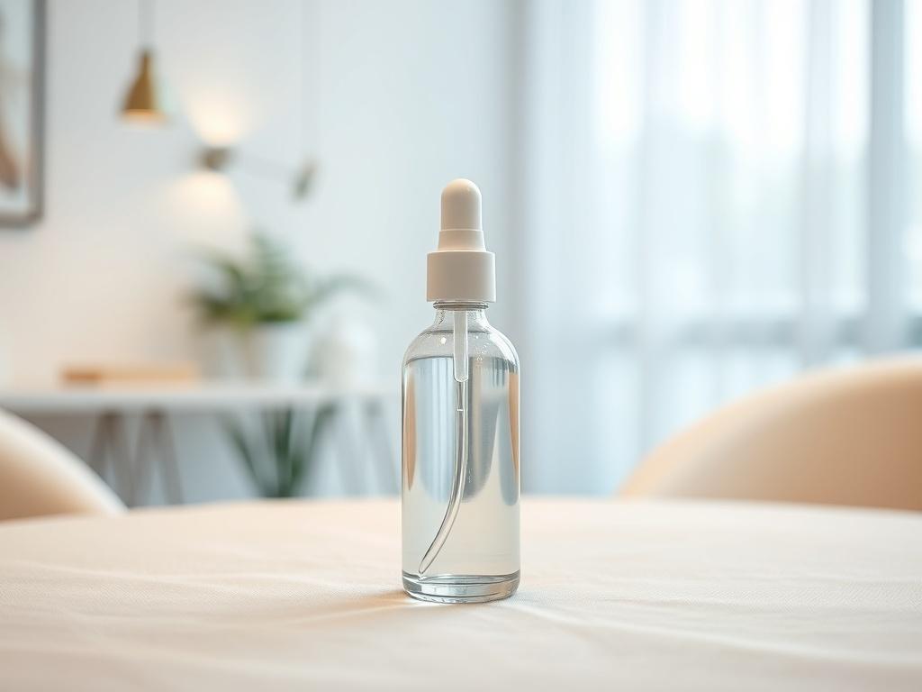 A serene wellness clinic room featuring a single, elegant nasal spray bottle on a soft, calming table. The background showcases gentle lighting with soft tones that create a peaceful atmosphere. The focus is on the bottle, highlighting the simplicity and efficacy of the Nasal Ketamine treatment, with a blurred background that suggests tranquility and rejuvenation.