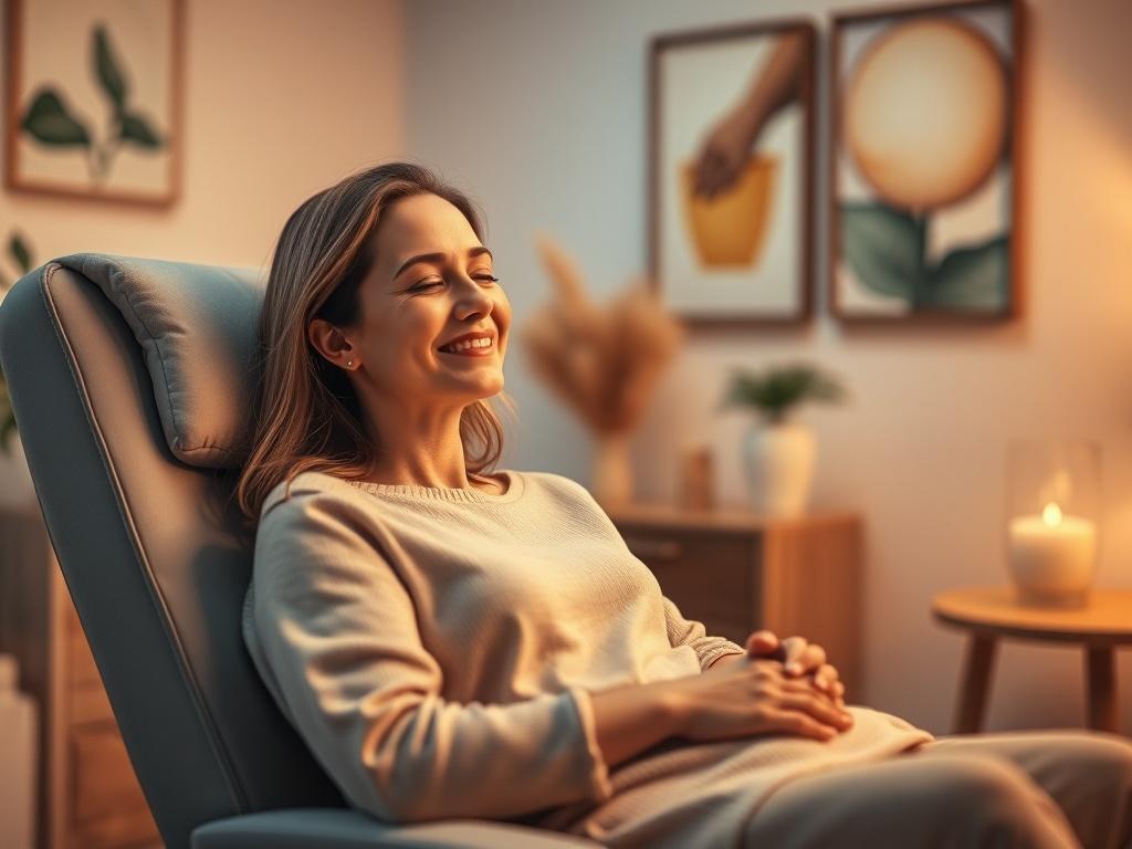 A calming clinic space with a cozy treatment chair, soft ambient lighting, and warm colors. The focus is on a patient receiving therapy, with a look of relief and comfort on their face. The background is softly blurred, showcasing peaceful elements like art or plants that create a welcoming atmosphere.