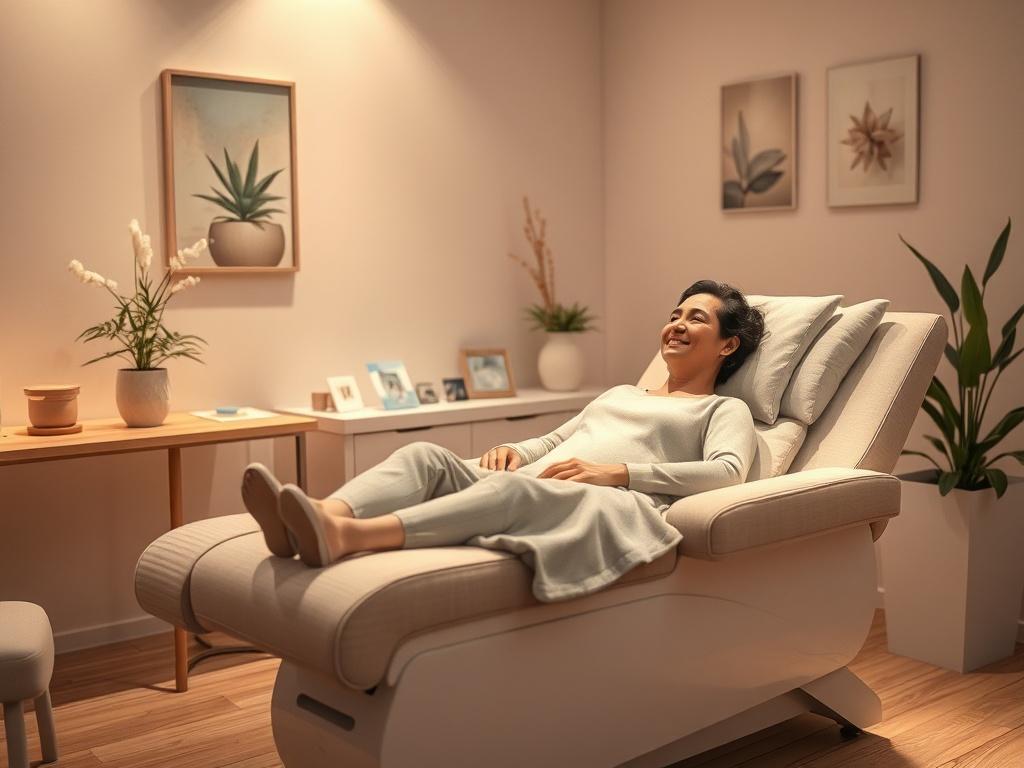 A peaceful treatment room with soft lighting and calming colors, featuring a plush recliner where a patient is receiving ketamine therapy. The atmosphere conveys warmth and tranquility, with gentle shadows and a focus on the patient’s relaxed expression. Subtle decorations like calming artwork or soothing plants in the background enhance the sense of healing.