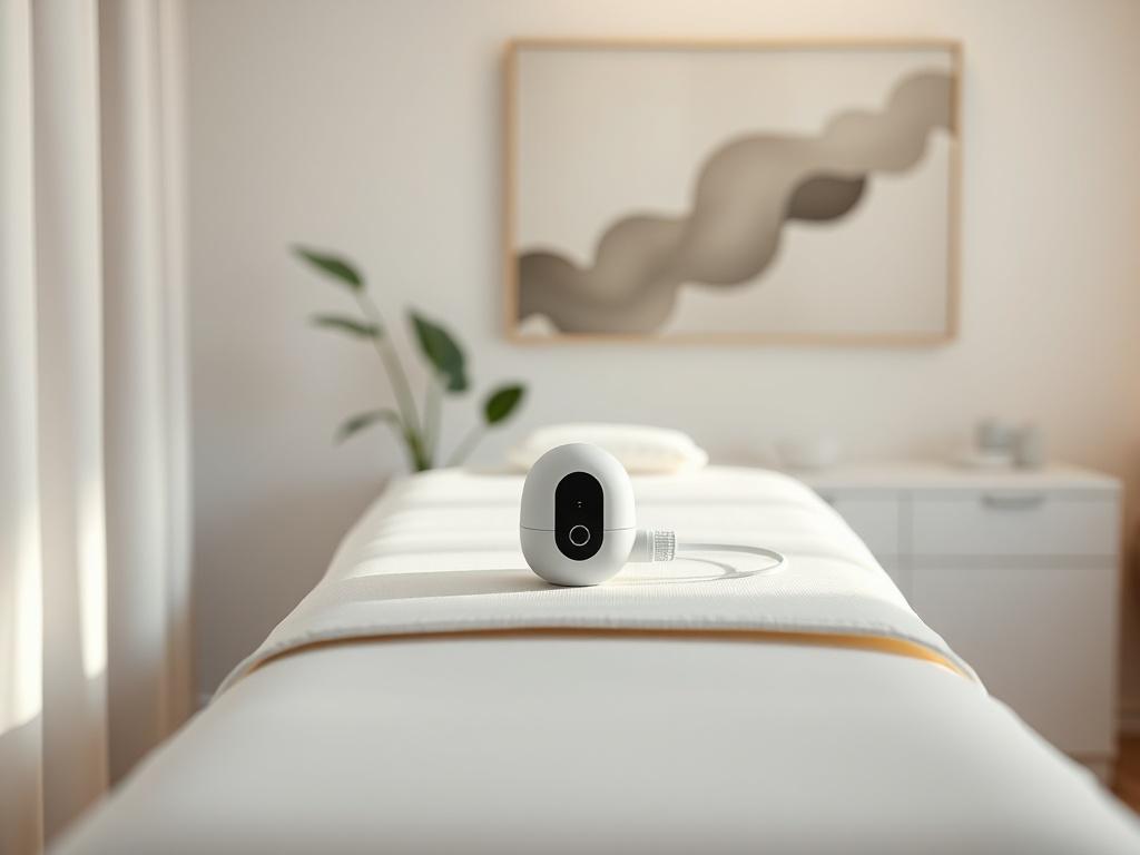 Create a realistic high-resolution photo featuring a serene treatment room with soft, gentle lighting. The focal point should be a sleek, modern nasal ketamine delivery device elegantly displayed on a minimalist treatment table. The background should include a calming atmosphere with soft tones, perhaps a plant or calming artwork that reflects tranquility, without any text or abstract shapes.