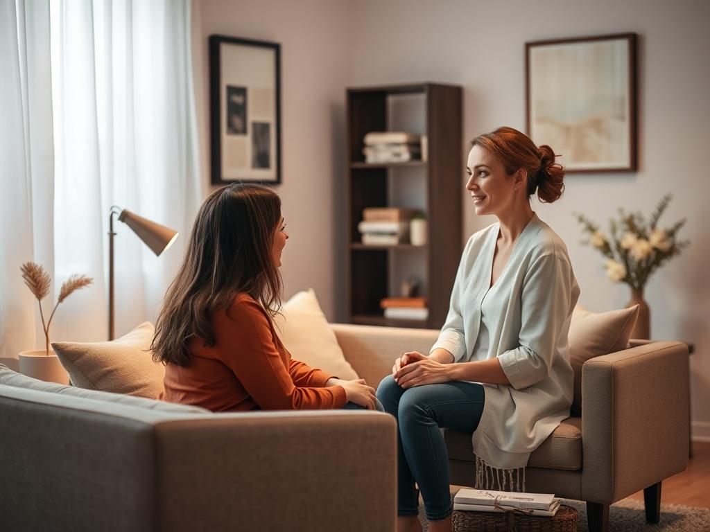 An inviting therapy room featuring a comfortable couch and soft lighting, where a therapist engages with a client. The focus is on the connection between the therapist and client, conveying a sense of safety and trust. The decor should include warm tones and calming artwork to enhance the therapeutic environment.