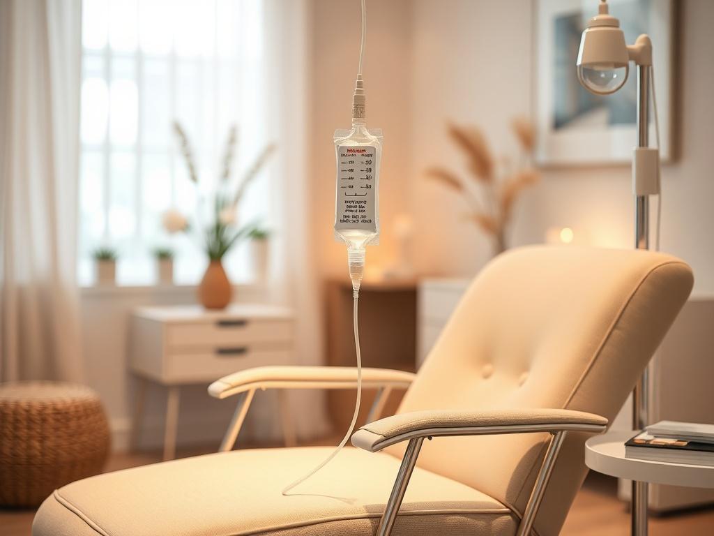 A serene wellness clinic setting with a comfortable infusion chair, soft ambient lighting, and a calming atmosphere. The focus is on a single infusion bag connected to the chair, symbolizing the Ketamine Infusion Therapy. The background should feature gentle decor, with soft colors and natural elements to evoke tranquility and healing.