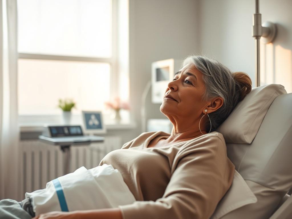 A tranquil clinic room with a serene atmosphere, showcasing a client receiving a maintenance infusion. The composition highlights the calming environment, with soft colors and natural light filtering through a window. The focus is on the client, who appears relaxed and at ease during the session.
