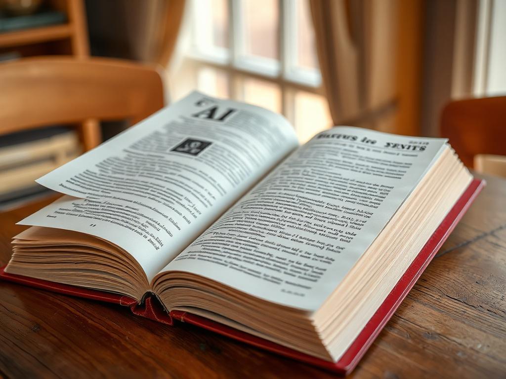 A hyper-realistic close-up shot of an open book on a wooden table, featuring pages filled with diverse essays and articles. The background is softly blurred, highlighting the book's intricate cover design with vibrant colors. The setting is warm and inviting, with natural light casting gentle shadows.