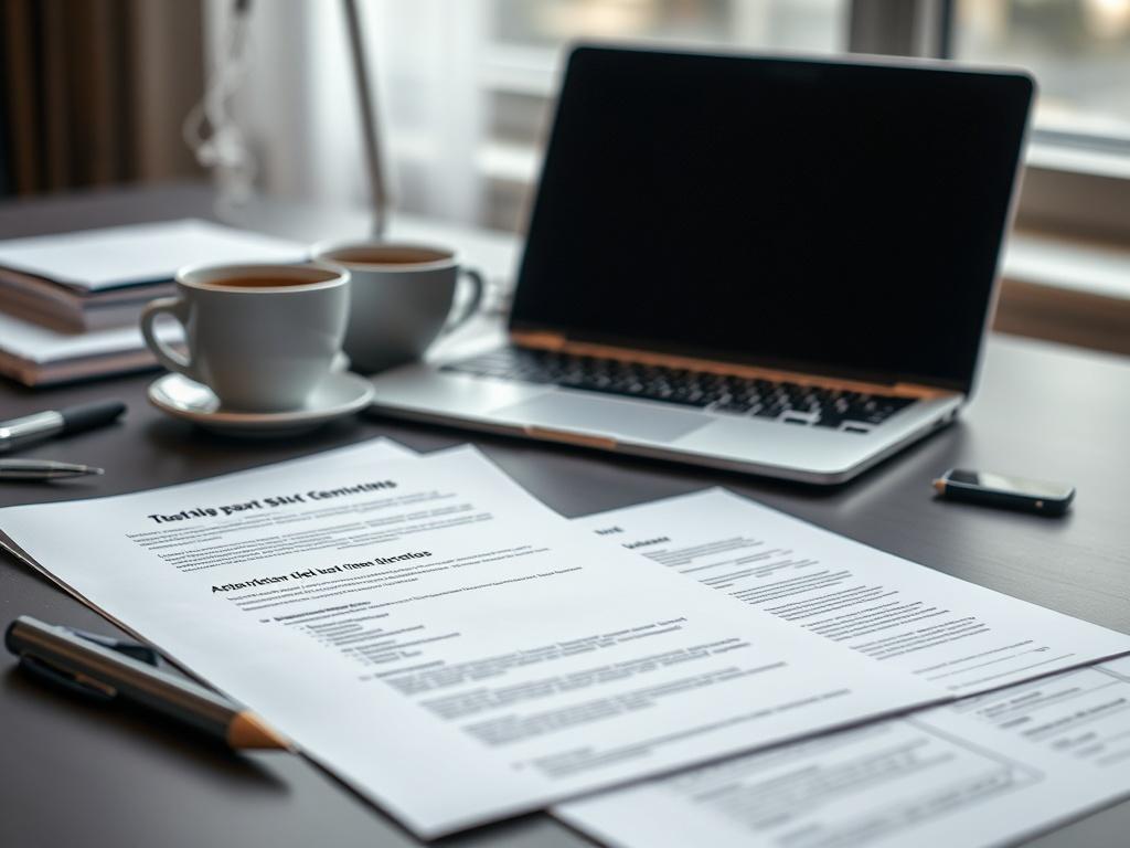 A hyper-realistic close-up shot of a debate toolkit, showcasing argument templates and notes on a stylish desk. The background is softly blurred, featuring a laptop and a steaming cup of coffee, suggesting an environment conducive to focused discussion and preparation.