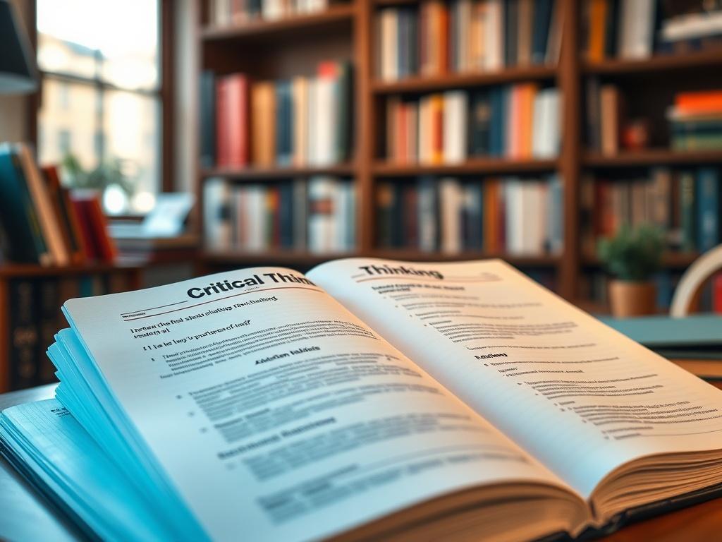 A hyper-realistic close-up shot of a critical thinking workbook opened to a page with exercises and questions, resting on a desk. The background features a cozy study environment with a soft-focus bookshelf filled with various books, creating an inspiring atmosphere.