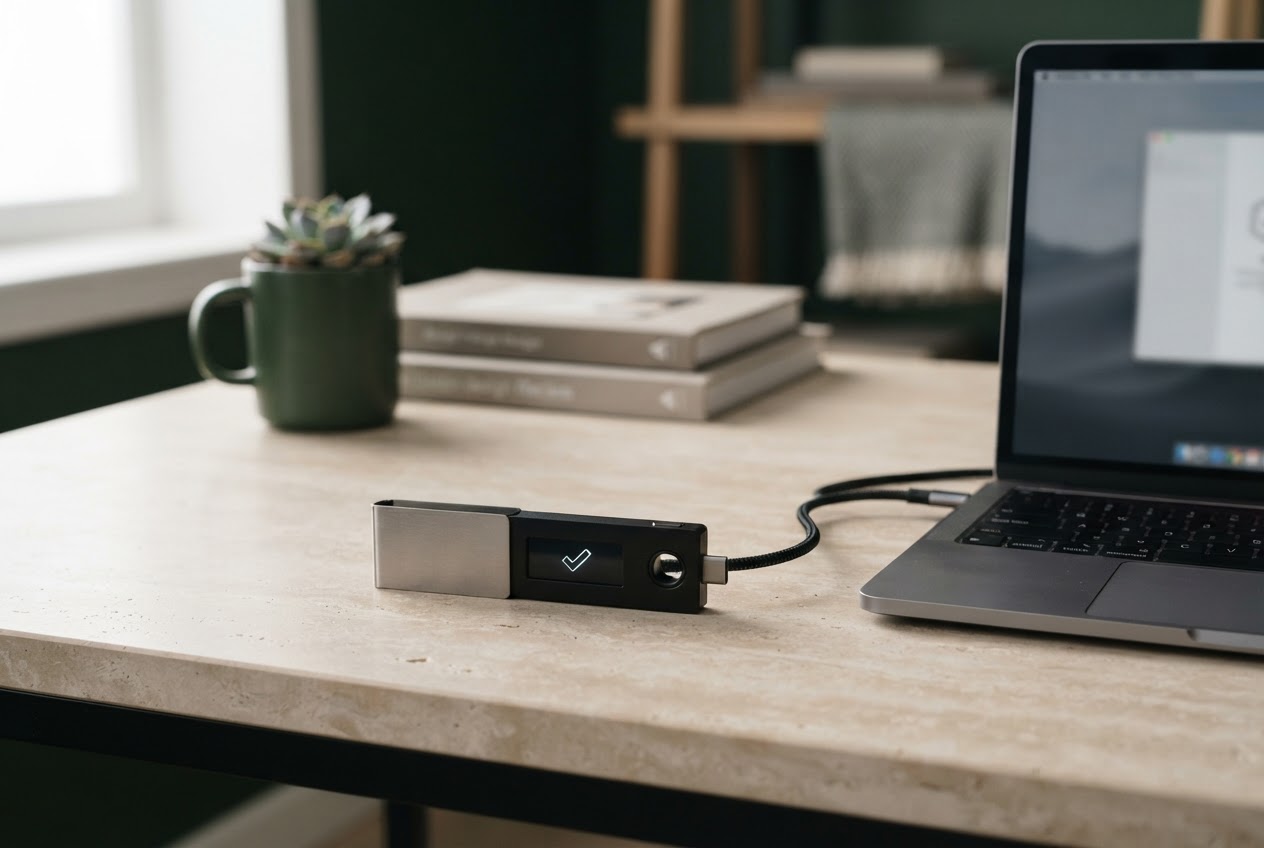 A Trezor-style hardware wallet beside a laptop on a bright, uncluttered desk