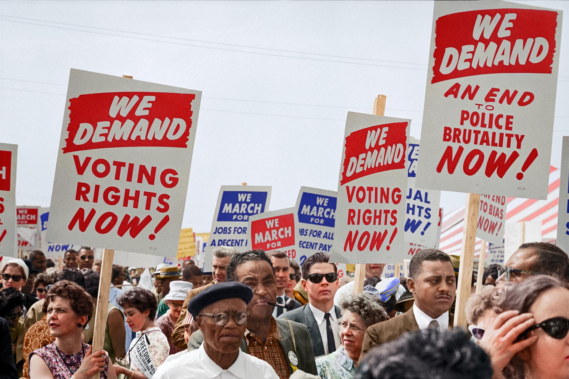 Caption reads, "[Marchers with signs at the March on Washington, 1963]" Original black and white negative by Marion S. Trikosko. Taken August 28th, 1963, Washington D.C, United States (@libraryofcongress). Colorized by Jordan J. Lloyd. Library of Congress Prints and Photographs Division Washington, D.C. 20540 USA https://www.loc.gov/item/2013648849/