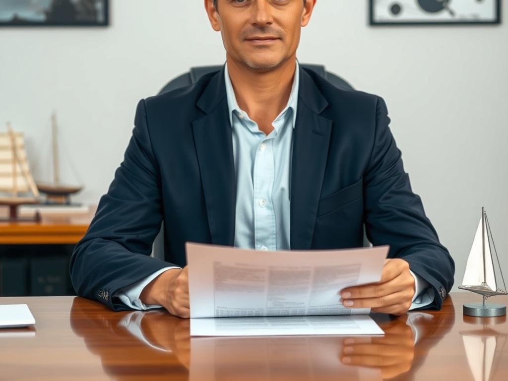 Create a realistic high-resolution photo that visually represents the blog titled "Who Is Liable in a Boating Accident? Understanding Your Legal Rights." 

**Composition:** Focus on a single subject, a professional-looking personal injury lawyer sitting at a polished wooden desk. The lawyer, a middle-aged individual with a confident demeanor, should be holding a legal document related to boating accidents. Frame the image to capture the lawyer from the waist up, with the desk at eye level, ensuring a clean 