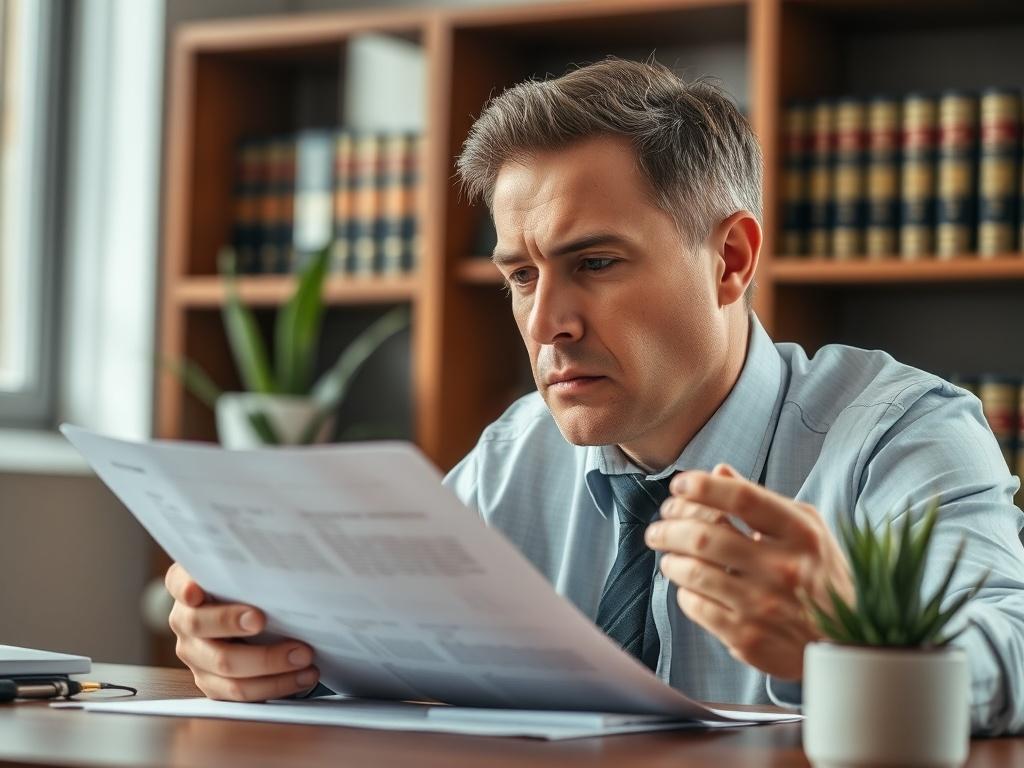 Create a realistic high-resolution photo that visually represents the blog titled "How Much Is Your Personal Injury Case Worth?". The image should feature a single, focused subject: a person sitting at a wooden desk with a thoughtful expression, examining legal documents related to personal injury claims. The subject should be a middle-aged Caucasian man, dressed in business casual attire, with a slight furrow of concentration on his brow, highlighting the seriousness of the topic.
In the background, creat