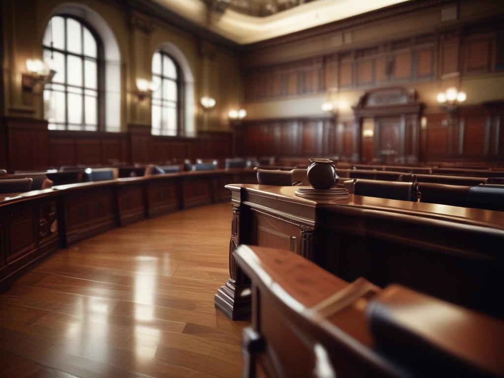 **AI Image Generation Prompt:**
Create a realistic high-resolution photograph that captures the essence of courtroom experience for trial lawyers in Birmingham. The image should focus on a single, distinguished trial lawyer standing confidently in a well-lit courtroom. The lawyer, a middle-aged individual with a professional demeanor, is dressed in a sharp navy-blue suit, exuding authority and competence. 
The composition should feature the lawyer centered in the frame, with the courtroom's wooden benches