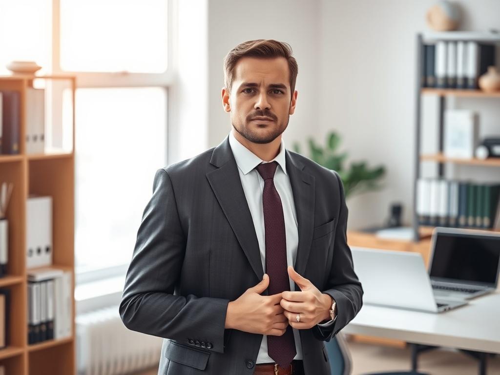 **AI Image Generation Prompt:**

Create a realistic high-resolution image that visually reflects the blog titled "Do You Really Need a Lawyer for a Minor Car Accident?" The composition should be simple and clear, featuring a single subject: a professional personal injury lawyer in a smartly tailored suit, standing confidently in an office setting. 

The lawyer should have an engaging expression, as if they are discussing the importance of legal representation. They should be positioned slightly off-center t