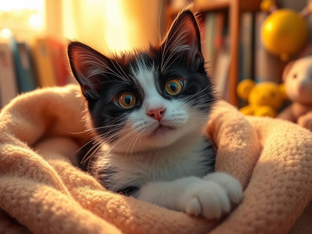 A cozy scene featuring a sweet black and white cat