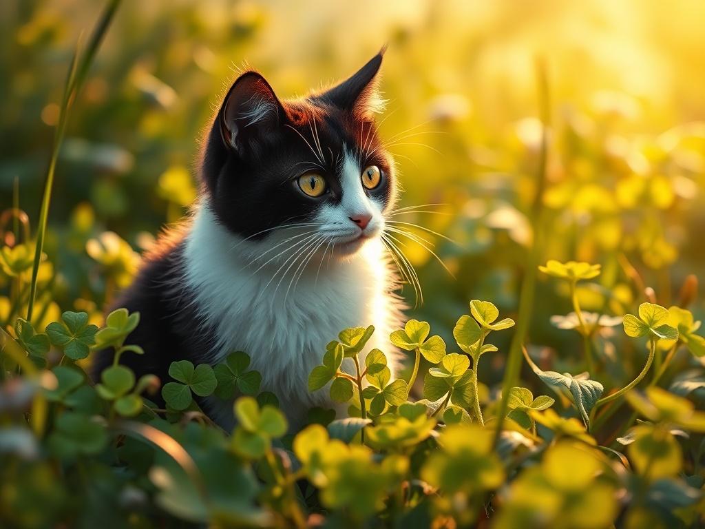 A serene, high-resolution image of Polita, the black-and-white cat, sitting in a lush green meadow, surrounded by vibrant four-leaf clovers. Soft golden lighting enhances the peaceful atmosphere, with a gentle breeze rustling through the leaves in the background. The scene captures the essence of joy and exploration, featuring Polita looking curiously at a lucky four-leaf clover, inviting viewers into her enchanting world.