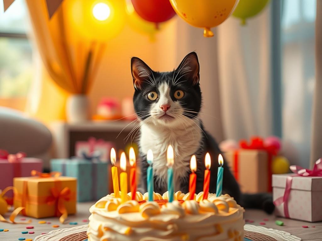 A cozy scene depicting a sweet black-and-white cat, Polita, surrounded by colorful birthday decorations and gifts in a softly lit room. The atmosphere is warm and inviting, with golden hues illuminating the space. A birthday cake adorned with candles sits in the foreground, while balloons float gently in the background. The composition focuses solely on Polita, capturing her playful and loving nature as she prepares to celebrate Irene's birthday.