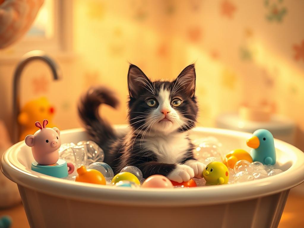 A cozy scene featuring a sweet black-and-white cat in a bubble bath, surrounded by colorful bath toys. Soft golden light illuminates the room, creating a serene atmosphere. The background has gentle pastel colors and whimsical patterns, enhancing the storybook vibe. The cat, Polita, looks playful and content, capturing the essence of warmth and joy.
