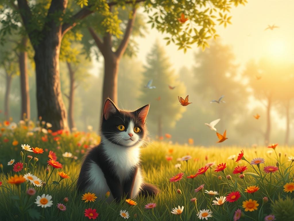 A serene, high-resolution image of Polita, the black-and-white cat, sitting calmly in a lush green park filled with colorful flowers and tall trees. The sun is setting, casting a warm golden hue across the scene. Polita looks curious and content, surrounded by butterflies and birds, with soft lighting that creates a cozy atmosphere. The background should be simple and clear, focusing solely on Polita in this peaceful park setting.
