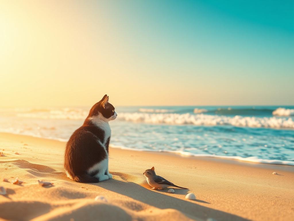 A serene beach scene with a single black-and-white cat sitting on the sand, gazing at the gentle waves of the ocean. The sun casts a warm golden hue over the scene, creating a cozy atmosphere. Soft light illuminates the cat's fur, and seashells are scattered around. In the background, a clear blue sky meets the horizon, enhancing the sense of tranquility and adventure.