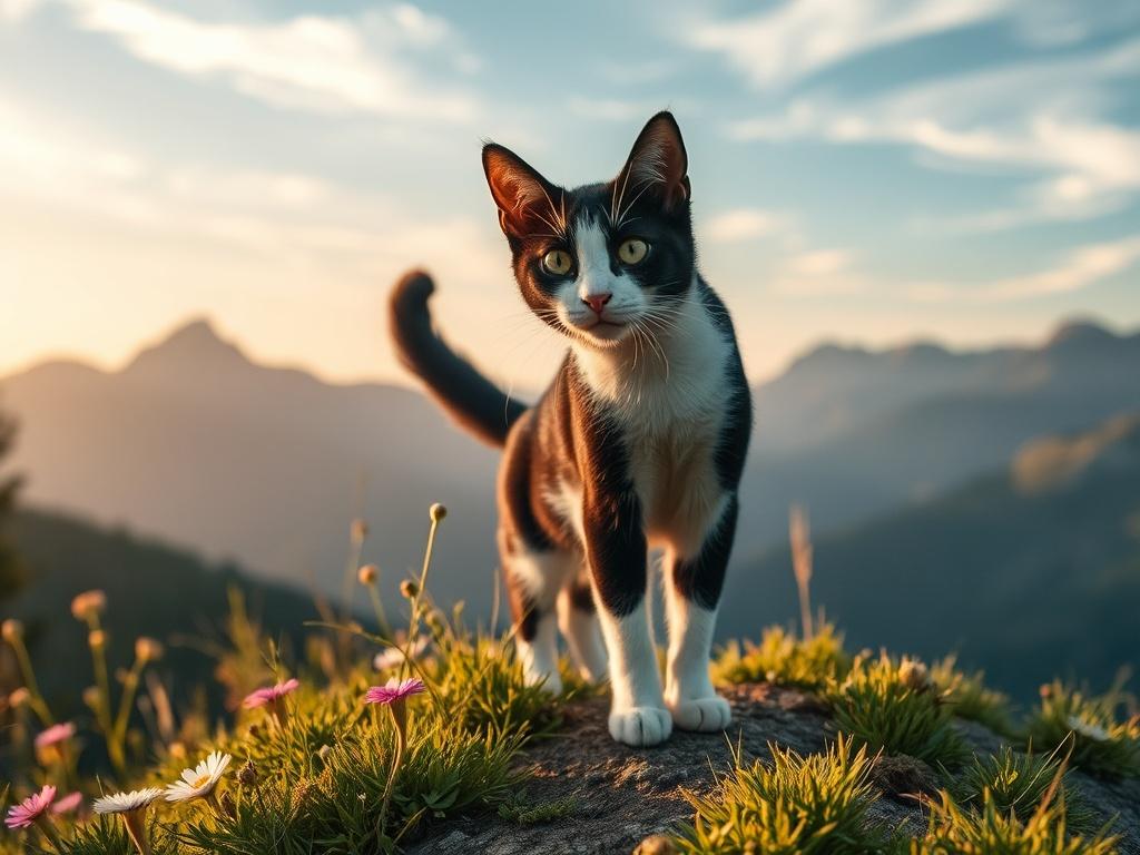 A serene image of a black-and-white cat named Polita standing atop a mountain trail, surrounded by lush greenery and wildflowers. The sky is a soft blue with wispy clouds, and gentle sunlight bathes the scene in golden hues. In the background, majestic mountains rise, creating a peaceful and inviting atmosphere. The focus is solely on Polita, capturing her curiosity and spirit of adventure in this tranquil outdoor setting.