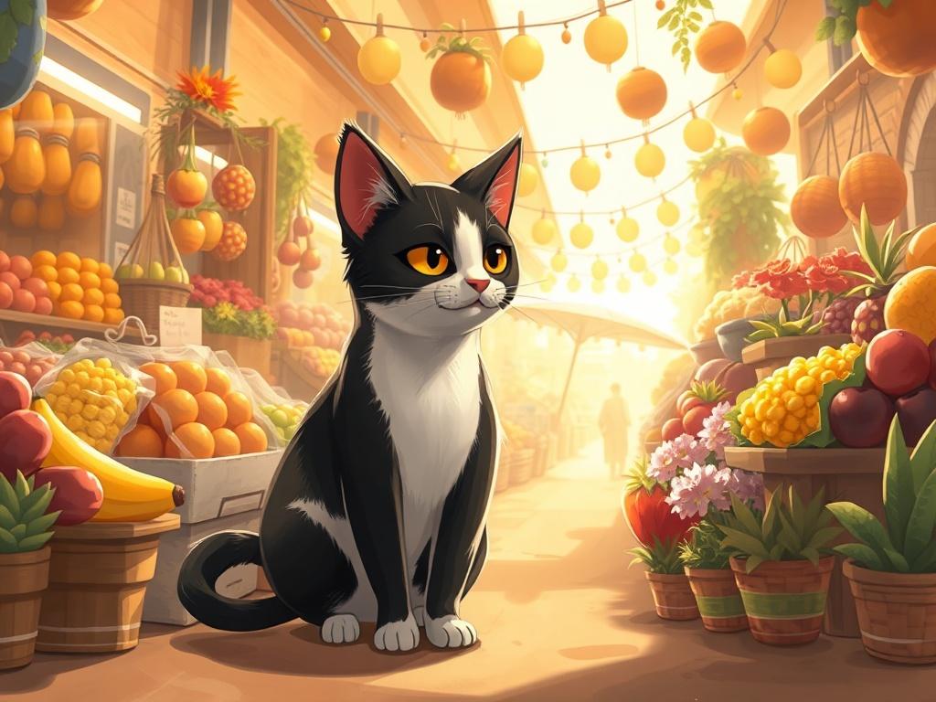 A cozy, high-resolution illustration of Polita, the sweet black-and-white cat, standing in a bustling market filled with colorful stalls. Each stall showcases an array of vibrant fruits, flowers, and crafts, creating a lively atmosphere. Soft, golden lighting casts a warm glow over the scene, enhancing the serene ambiance. Polita is curiously gazing at a colorful display, surrounded by gentle hints of greenery in the background, inviting a sense of exploration and comfort.