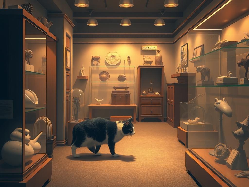 A peaceful museum scene featuring Polita, the black-and-white cat, exploring a softly lit room filled with various quiet exhibits like delicate shells and vintage toys. The atmosphere is serene, with gentle shadows and a warm glow, inviting a sense of calm and wonder.