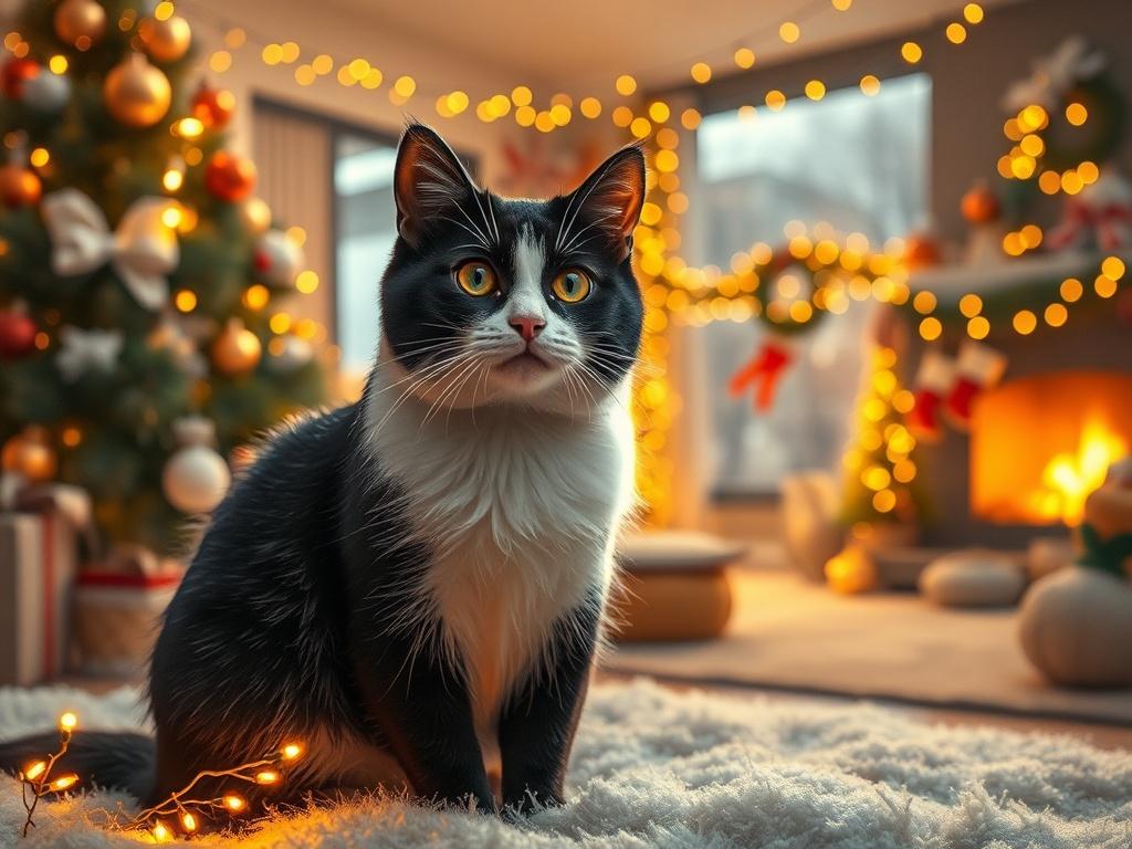 A festive winter scene featuring Polita, the black-and-white cat, surrounded by twinkling fairy lights and colorful decorations. In the background, a cozy living room is adorned with holiday ornaments and a warm glow from a fireplace, creating a joyful and magical atmosphere.