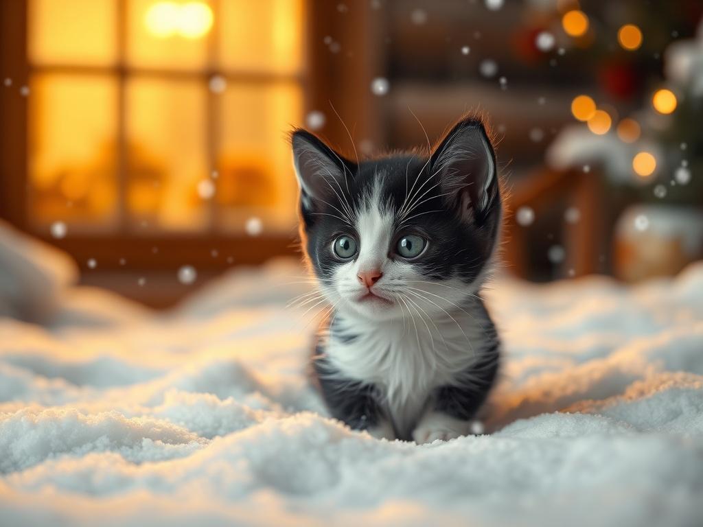 A cozy scene depicting a small black-and-white kitten in the snow, with soft snowfall around it. The background features a warm, inviting home with a glowing window, creating a serene atmosphere. The kitten looks curious and hopeful, capturing the magic of winter. The colors should have golden hues, soft lighting, and a tranquil vibe.