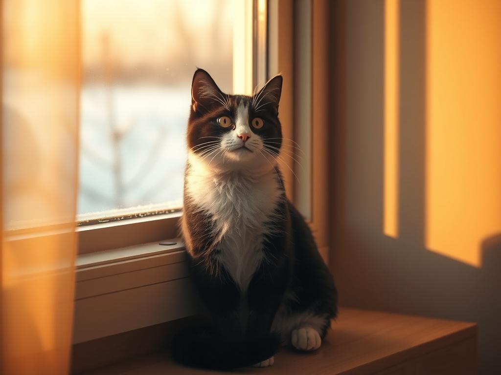 A cozy scene depicting a sweet black-and-white cat named Polita sitting by a window, gazing out with anticipation. Soft golden lighting illuminates the scene, creating a serene atmosphere. In the background, a snowy landscape is visible, suggesting a chilly day outside. Polita's expression is one of longing and warmth, embodying the themes of love and patience. The composition is simple and clear, focusing solely on Polita, with soft shadows adding depth to the image.