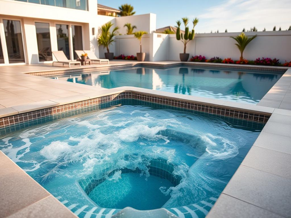 A luxurious pool and spa combination in a modern outdoor setting, showcasing a seamless design that integrates both features. The pool is spacious with crystal-clear water, while the spa is bubbling with inviting warmth. Surrounding the area are stylish lounge chairs and colorful landscaping. The close-up shot focuses on the harmonious blend of the pool and spa, highlighting their features and the overall inviting atmosphere.