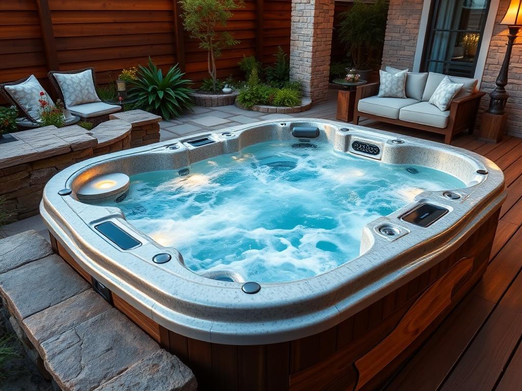 An elegant outdoor spa installation surrounded by natural stone and wooden decking. The spa features bubbling water and ambient lighting for a serene atmosphere. Comfortable seating and decorative plants enhance the space, creating a relaxing retreat. The image is a close-up shot that captures the intricate details of the spa and the inviting surroundings, with a focus on the soothing water and tranquil environment.