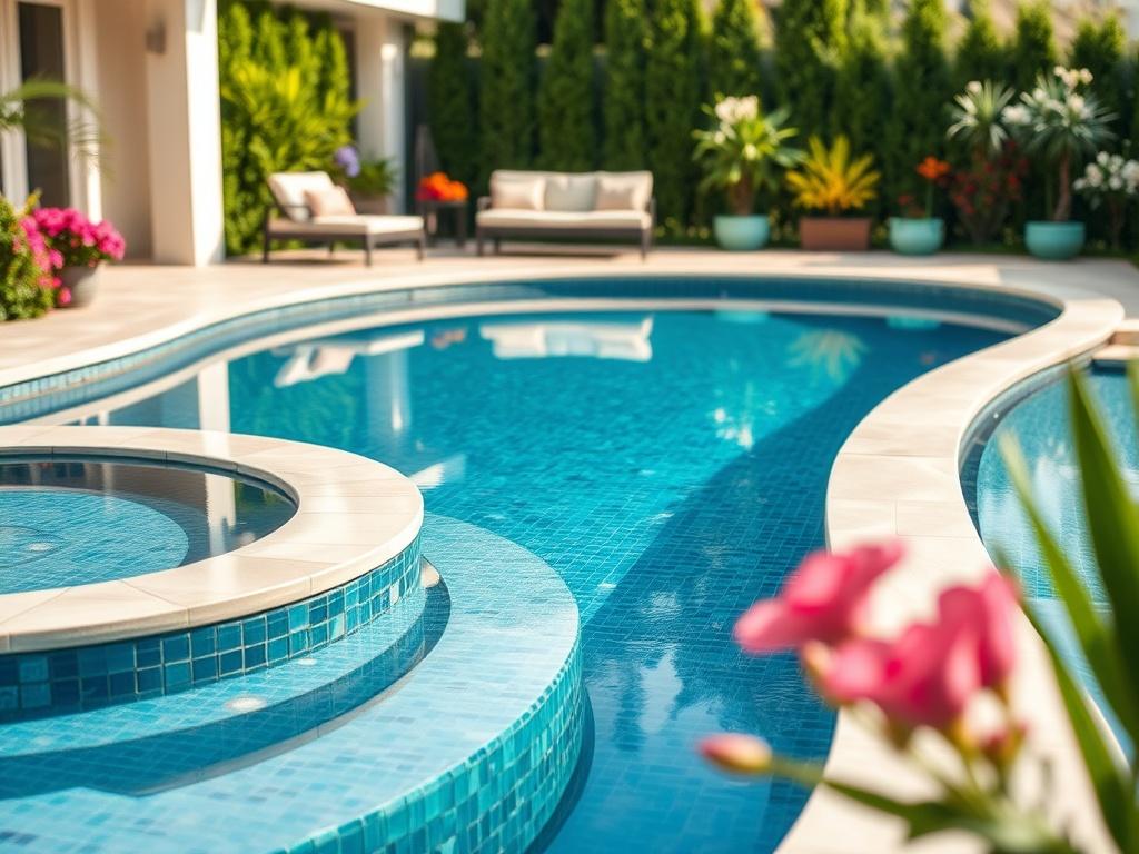 A stunning, custom-designed swimming pool in a beautifully landscaped backyard. The pool features elegant curves and modern tiles, surrounded by lush greenery and vibrant flowers. A comfortable lounge area with stylish outdoor furniture is visible. The scene is captured with a close-up shot, focusing on the pool's pristine water and intricate design details, with a soft, bright background that enhances the overall beauty.