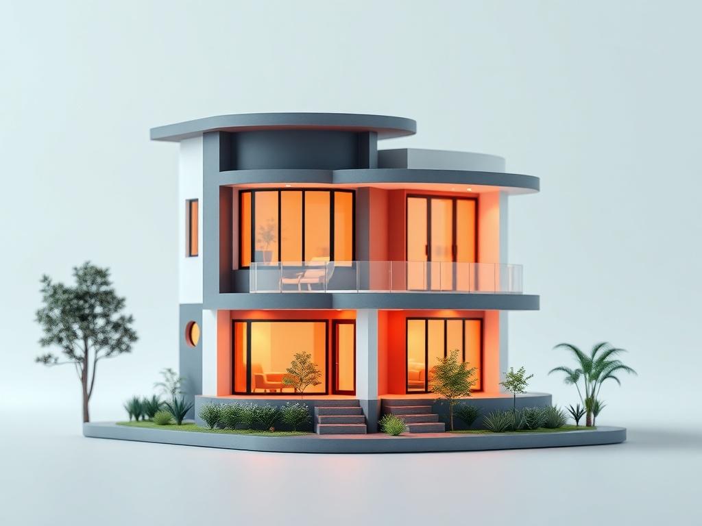 A hyper-realistic close-up shot of a custom 3D design rendering showcasing a modern residential home, with vibrant colors and intricate details. The background is a soft gradient that highlights the design, capturing the essence of modern architecture.