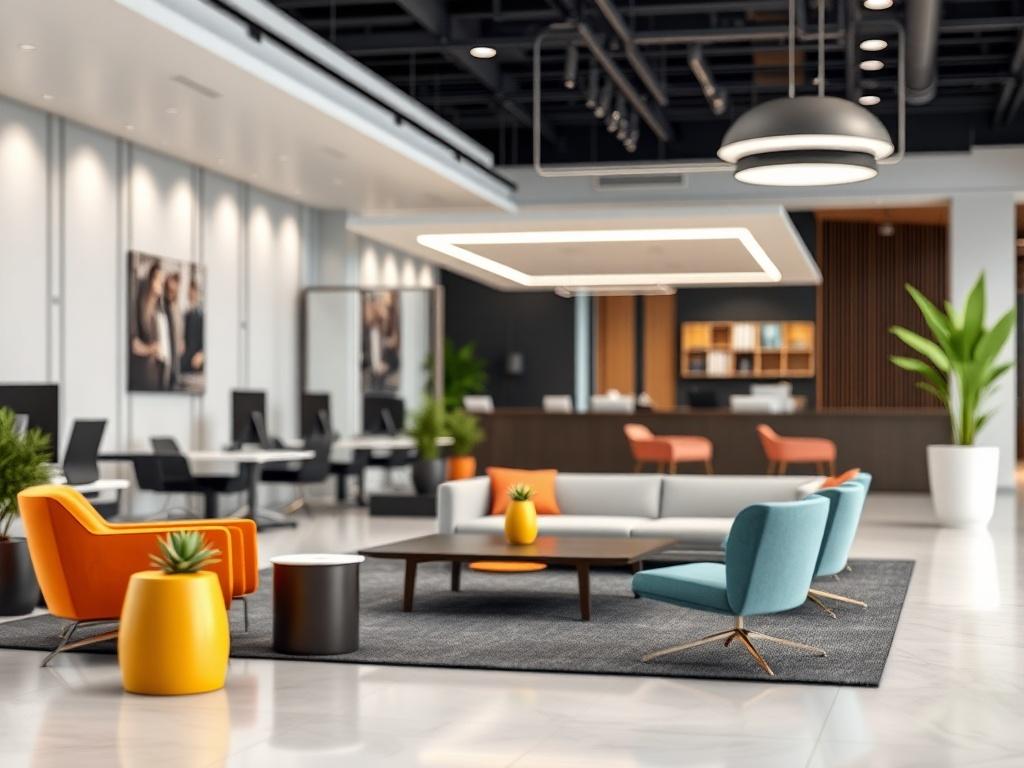 A hyper-realistic close-up shot of a custom 3D design rendering for a commercial space, featuring modern office interiors with sleek furniture and vibrant decor. The background is a subtle gradient that emphasizes the design elements.