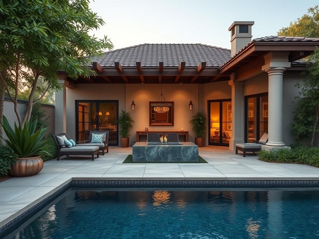 A hyper-realistic close-up shot of a custom 3D design rendering for an outdoor living space, featuring a beautifully designed patio with a pool and lush landscaping. The background is a soft gradient that highlights the outdoor features.