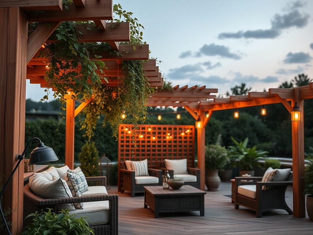 A stunning wooden patio structure in an outdoor setting, featuring