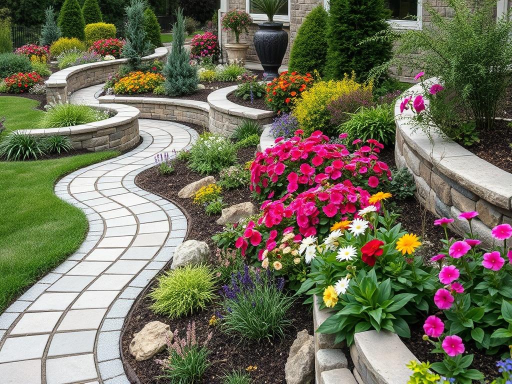 A beautifully landscaped yard featuring a mix of colorful flowers,