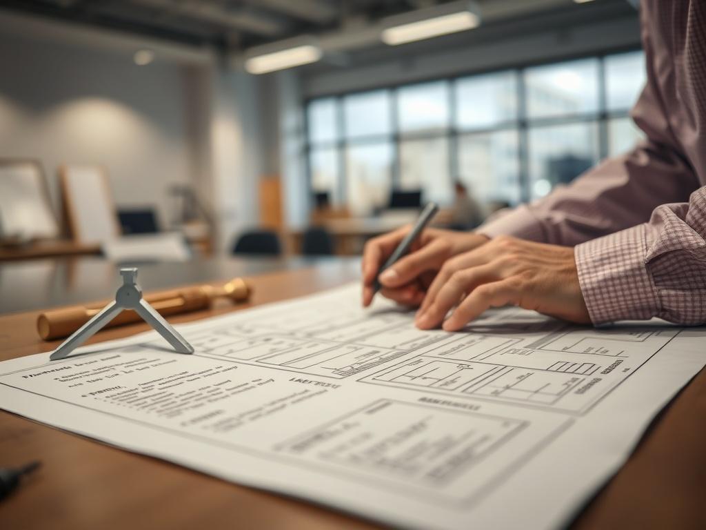 A close-up shot of a construction professional reviewing detailed blueprints on a drafting table. The image should focus on the intricate lines and symbols of the blueprints, with tools like a compass and scale visible in the background. The setting should be a well-lit office space that reflects a modern construction environment, emphasizing professionalism and precision. The primary color used should be rgb(21, 196, 244) in subtle accents.
